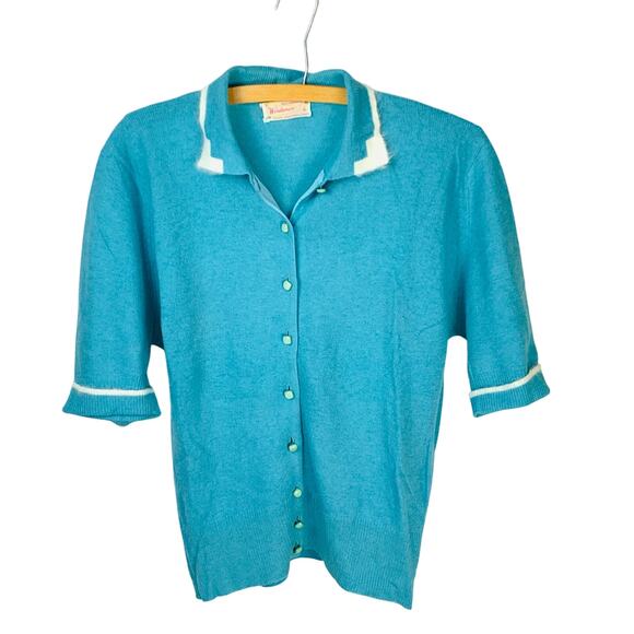Wondameres Vintage Teal Wool Cardigan Short Sleeve Mid Century Sweater Size L - Picture 1 of 7